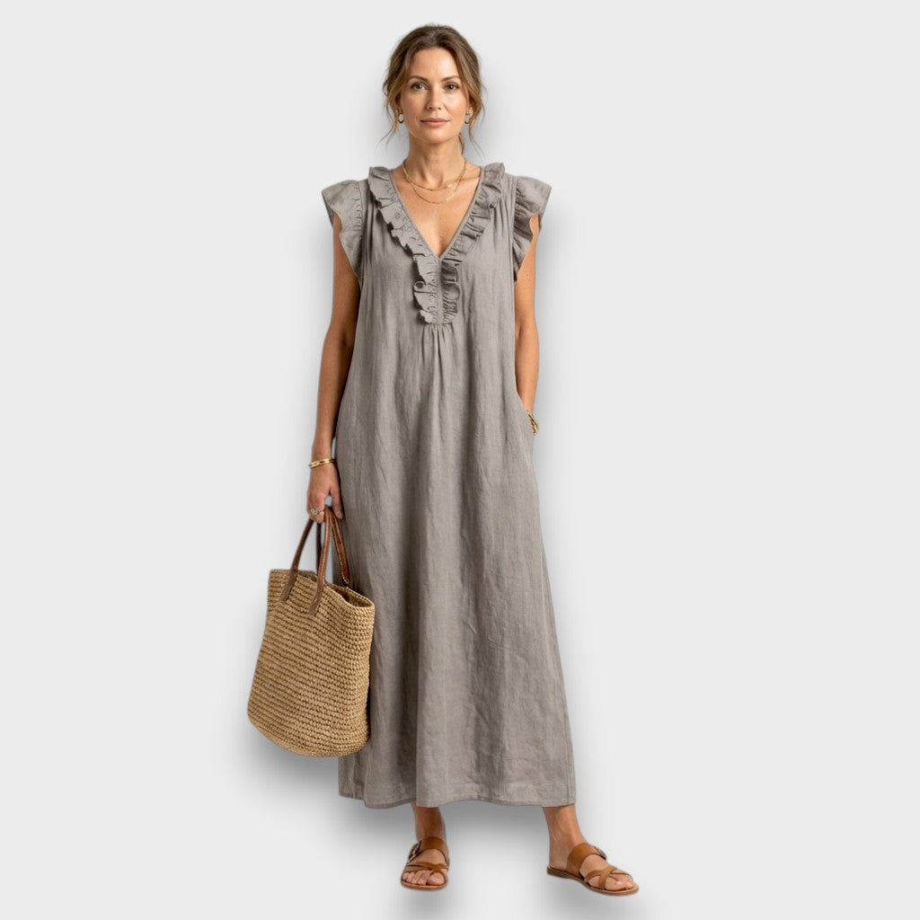Josette - Robe Maxi en Lin avec Volants et Décolleté en V