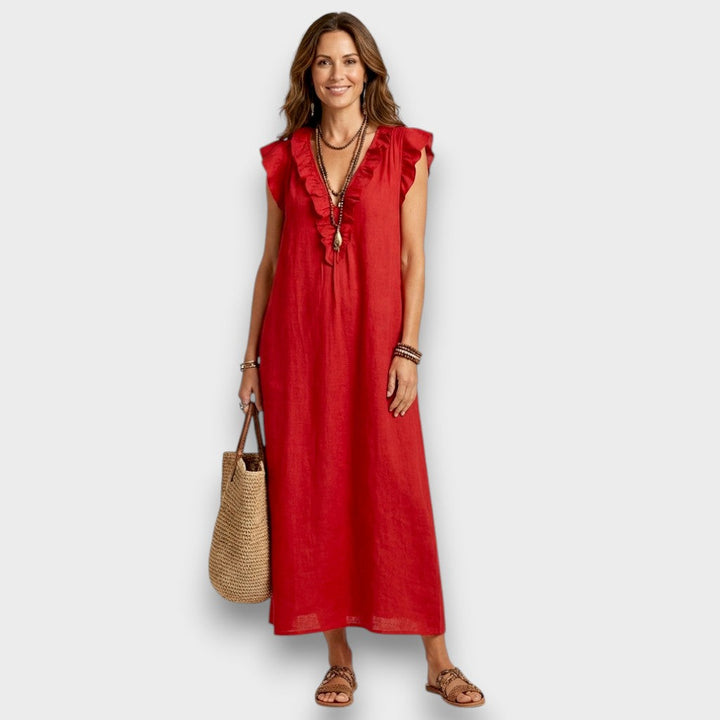 Josette - Robe Maxi en Lin avec Volants et Décolleté en V