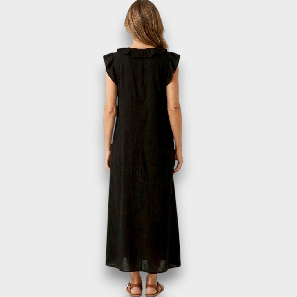 Josette - Robe Maxi en Lin avec Volants et Décolleté en V