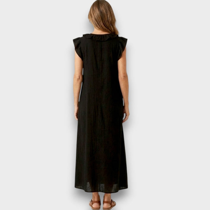 Josette - Robe Maxi en Lin avec Volants et Décolleté en V