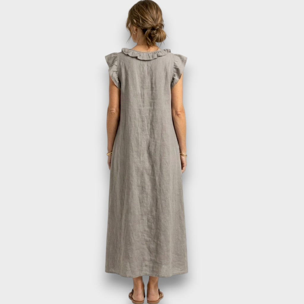 Josette - Robe Maxi en Lin avec Volants et Décolleté en V