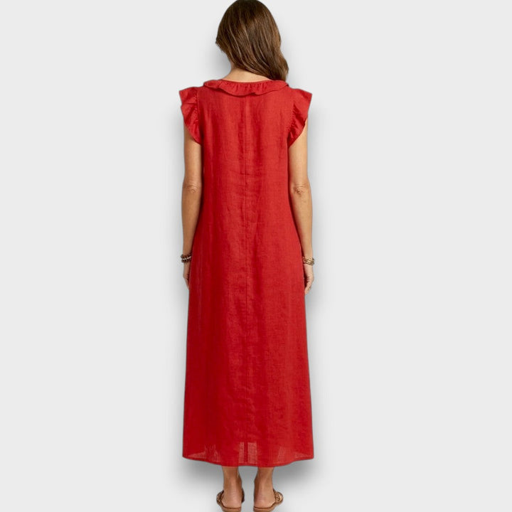 Josette - Robe Maxi en Lin avec Volants et Décolleté en V