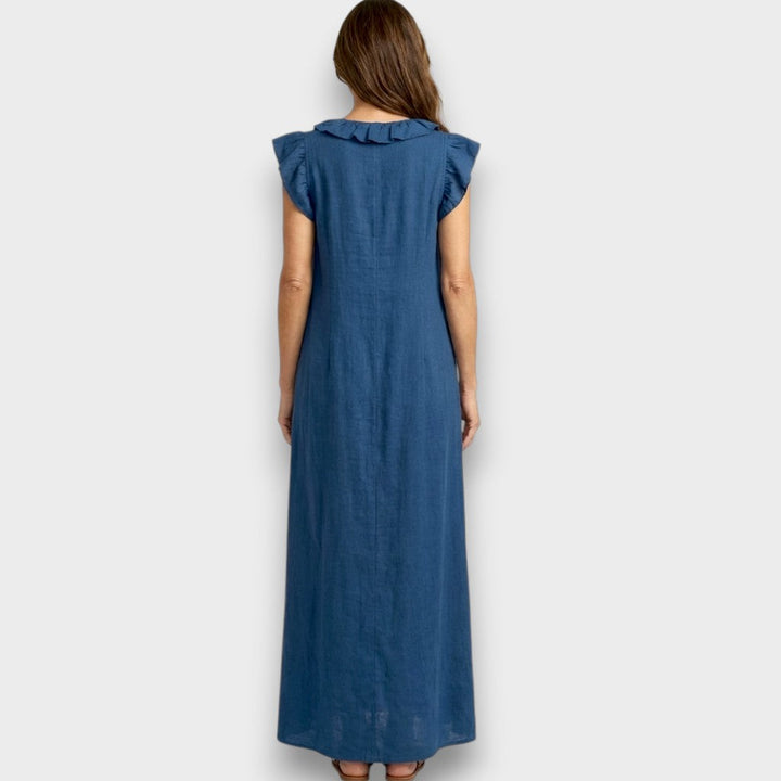 Josette - Robe Maxi en Lin avec Volants et Décolleté en V