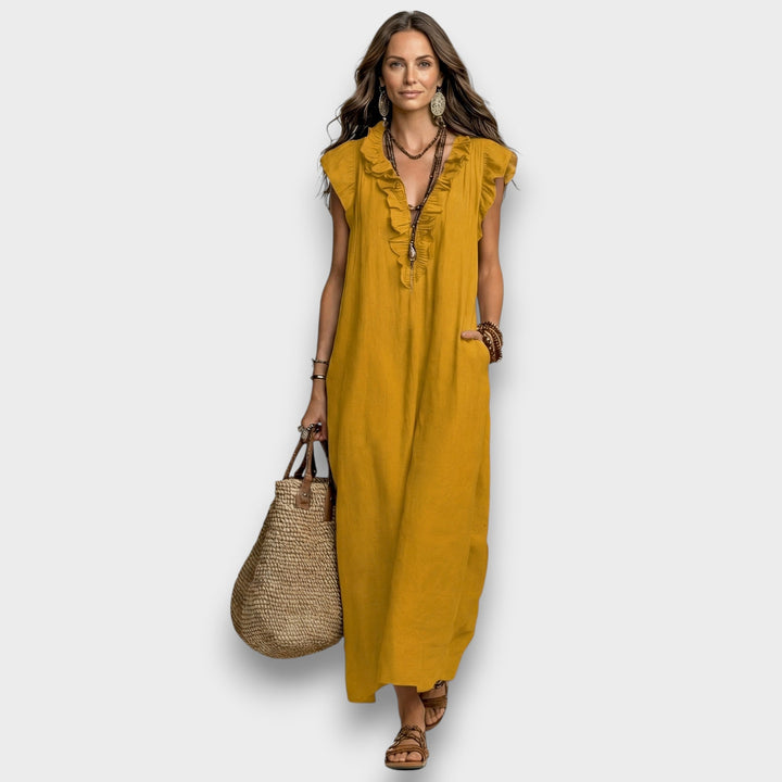 Josette - Robe Maxi en Lin avec Volants et Décolleté en V