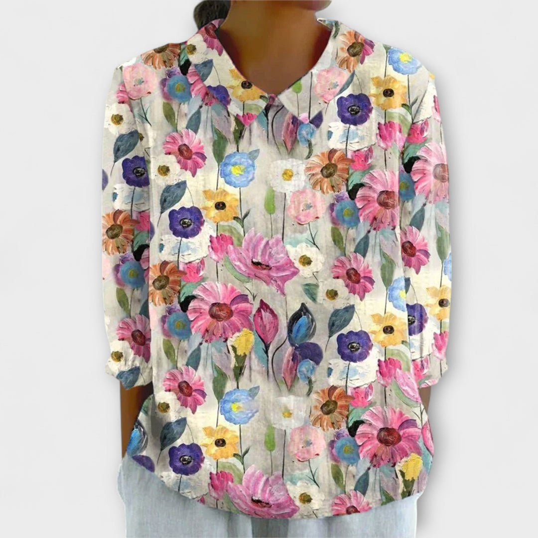 Kelly - Blouse vintage en coton et lin avec fleurs